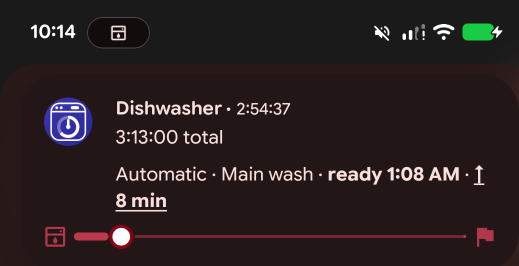 Android status-bar chip expanded to a full card: Dishwasher, Automatic · Main wash, with a progress bar and time remaining.
