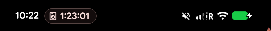 Android status bar with a live chip counting down 1:23:01.