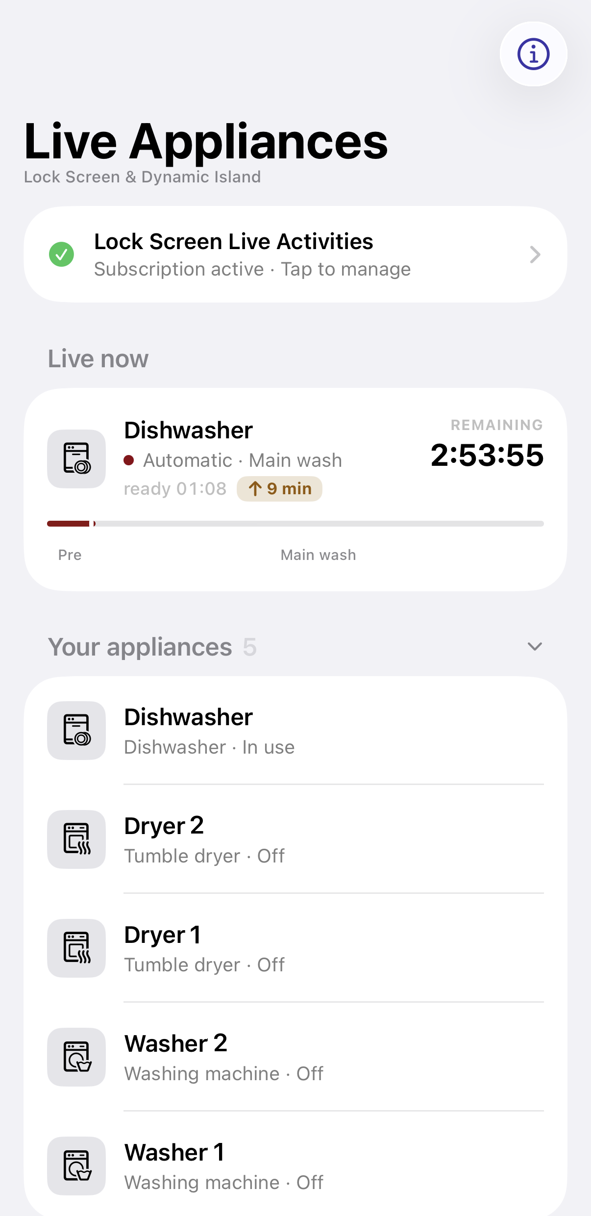 The iPhone app: Live now showing Dishwasher with a phase bar and 2:53:55 remaining, and Your appliances listing Dishwasher, Dryer 2, Dryer 1, Washer 2 and Washer 1.